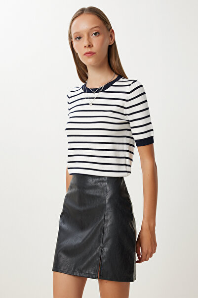 Happiness İstanbul Fusta mini din piele artificială cu fantă neagră pentru femei GP00028