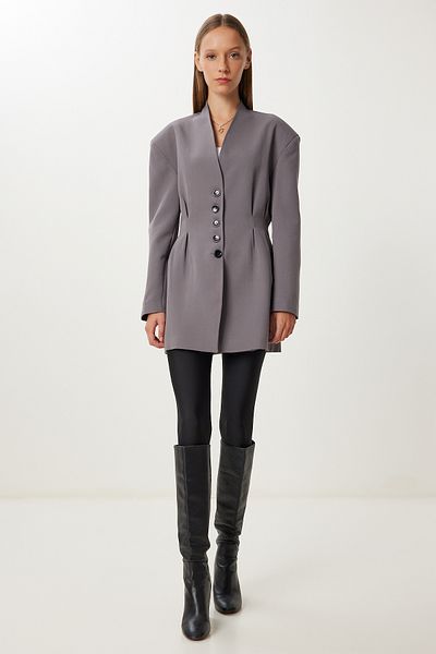 Happiness İstanbul Women's Gray Waist Fitted Padded Woven Jacket Kt00026