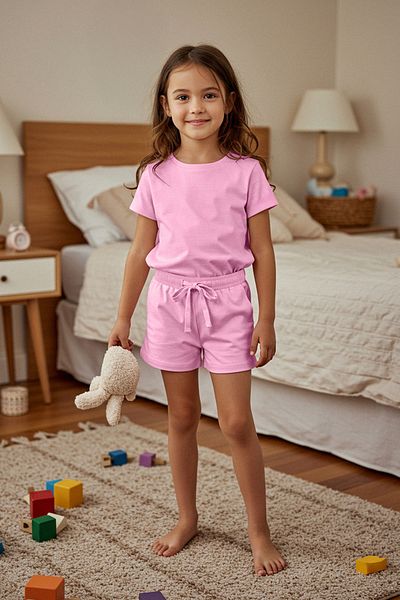 TRENDYOLKIDS Pink Girl's 100% Cotton Basic Short Sleeve Knitted Bottom-Top Set with Stretch Shorts Tkdss25Au00164