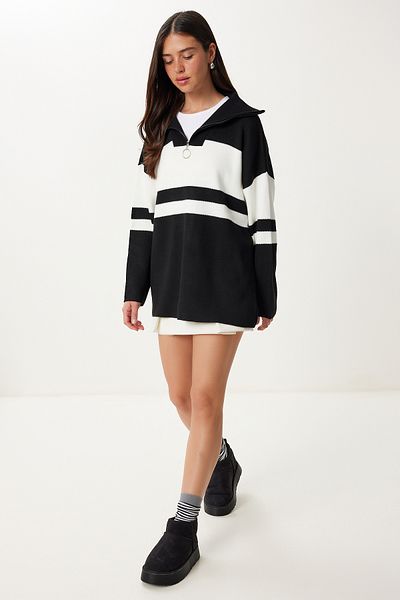 Happiness İstanbul Woman's Black Zippered Collar Striped Knitwear Sweater US00700