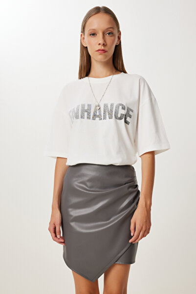 Happiness İstanbul Жіноча сіра асиметрична міні-спідниця зі штучної шкіри GP00030