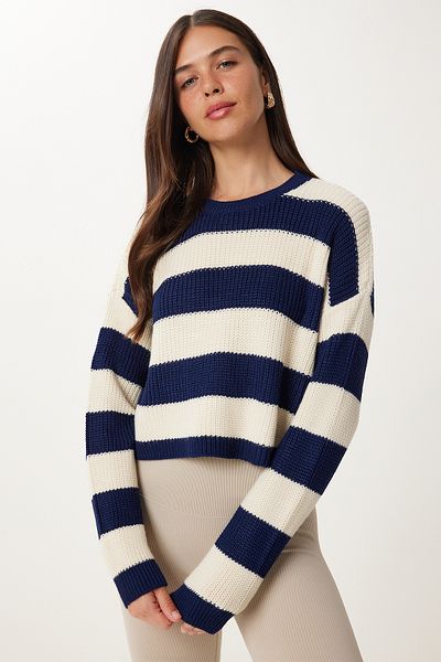 Happiness İstanbul Women's Navy Blue Cream Striped Crop Knitwear Sweater PF00058
