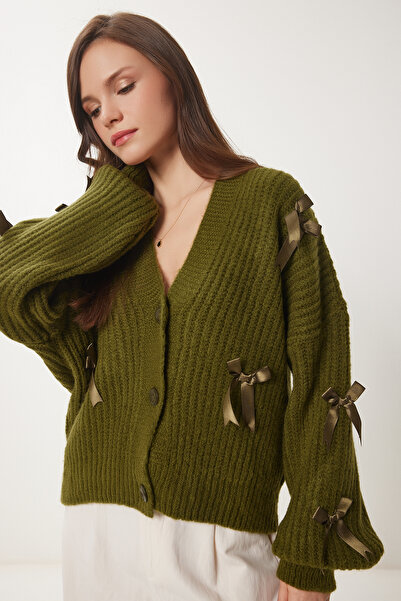 Happiness İstanbul Women's Khaki Bow Knitwear Cardigan Pf00095