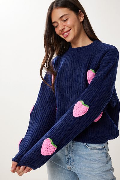 Happiness İstanbul Women's Navy Blue Strawberry Textured Knit Sweater PF00022