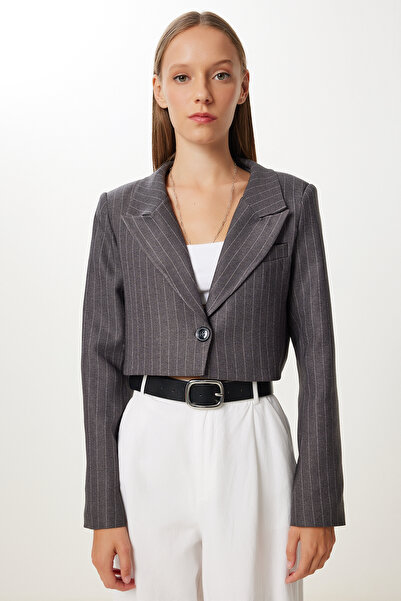 Happiness İstanbul Γυναικείο Ανθρακί ριγέ με επένδυση Crop Weaving Jacket KT00027