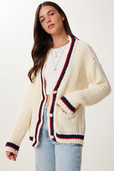Happiness İstanbul Cream V-Neck Striped Women's Knitwear Cardigan - Pf00085