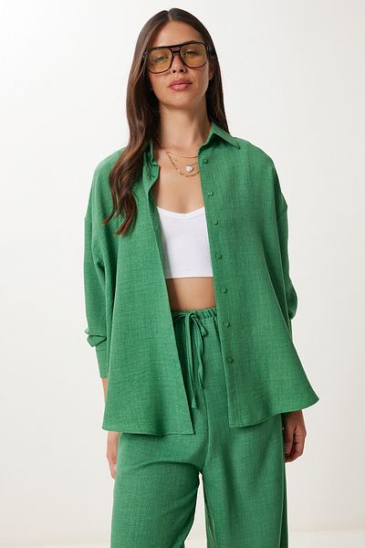 Happiness İstanbul Women's Green Linen Shirt Pants Suit Pb00051