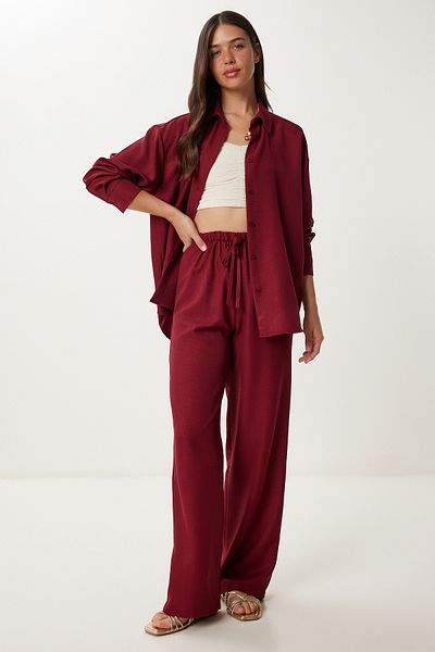 Happiness İstanbul Women's Burgundy Linen Shirt Pants Suit Pb00051