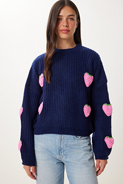 Happiness İstanbul Marineblauer Strickpullover mit Erdbeerstruktur für Damen PF00022