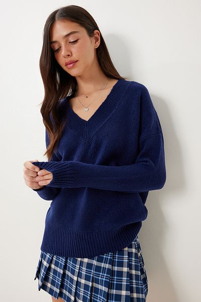 Happiness İstanbul Granatowy damski sweter oversize z dzianiny z dekoltem w kształcie litery V BV00003