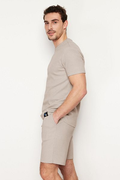 Trendyol Collection Бежов комплект къси къси плетени пижами Regular Fit Waffle TMNSS23PT00036