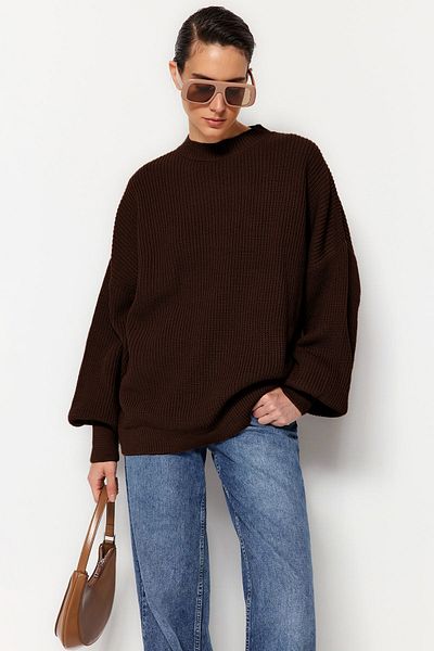 Trendyol Collection Καφέ Φαρδύ Καλούπι Basic Πλεκτό Πουλόβερ TWOAW23KZ01448