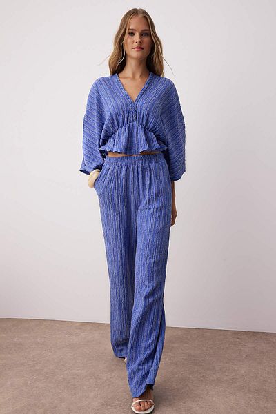 Trendyol Collection Blue Textured Fabric Flounced Woven Blouse Twoss24Bz00480