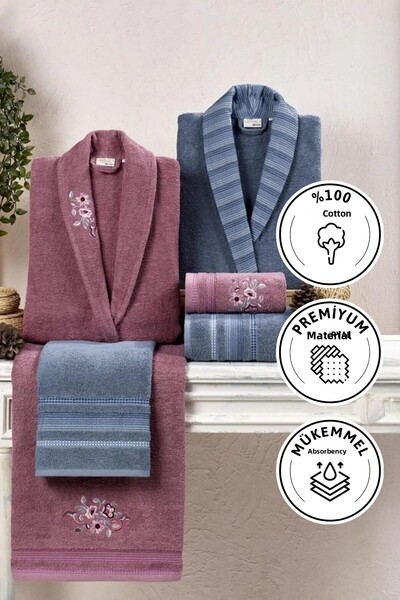 Taç Crystal Soft Cotton Embroidered 6 Piece Family Bathrobe Set Indigo-Dried Rose
