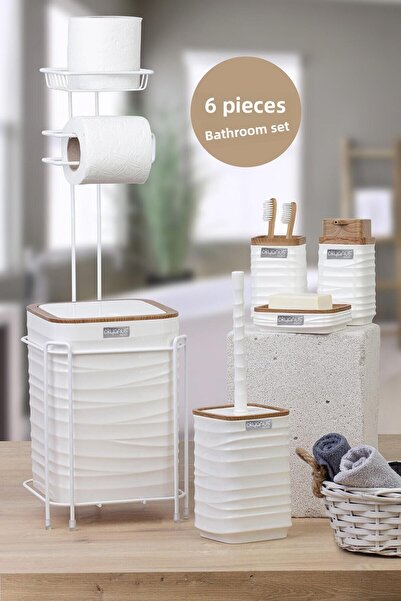 Okyanus Home Λευκό ξύλινο μοτίβο Luna Square Backup Wc Paper Holder και 6 τεμαχίων σετ μπάνιου