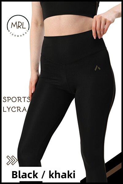 missmaral Women's High Waist Recovery Sports Tights Black / Khaki Stripe Detailed Lycra Diver 1041