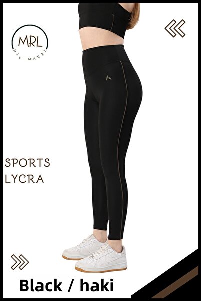 missmaral Women's High Waist Recovery Sports Tights Black / Khaki Stripe Detailed Lycra Diver 1041