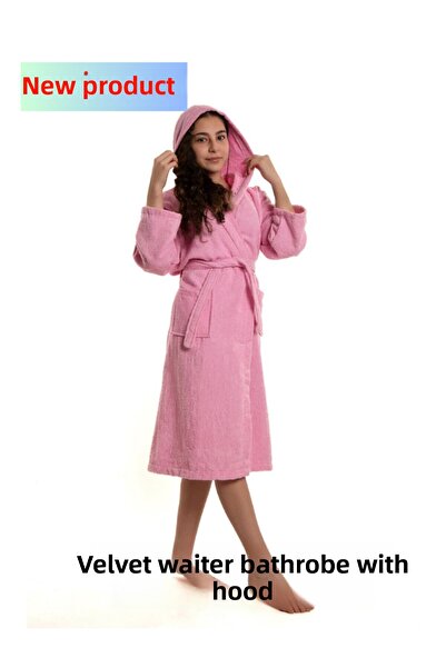 ROZET TEKSTİL رداء حمام مخملي بغطاء للرأس من القطن مقاس النادل الصغير للجنسين...