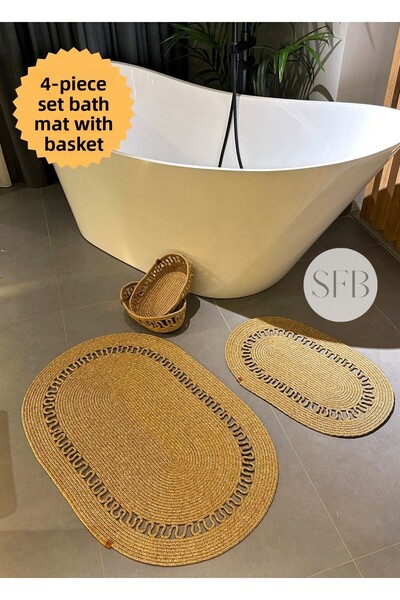 HomeTurko طقم سجادة حمام من الجوت مكون من 4 قطع، طقم سجادة حمام من القش، طقم ...