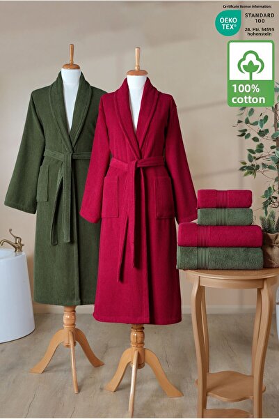 Ellaline Σετ μπουρνούζι 6 τεμαχίων ριγέ 100% βαμβάκι Πιστοποιημένο οικογενειακό σετ μπουρνούζι πετσετών Σετ προίκας Claret Red Green