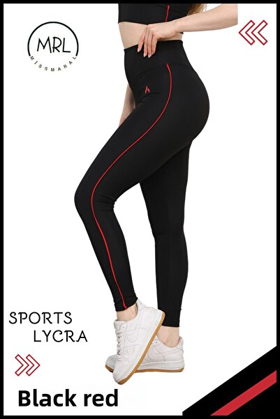 missmaral Women's High Waist Recovery Sports Tights Black / Red Stripe Detailed Lycra Diver 1041