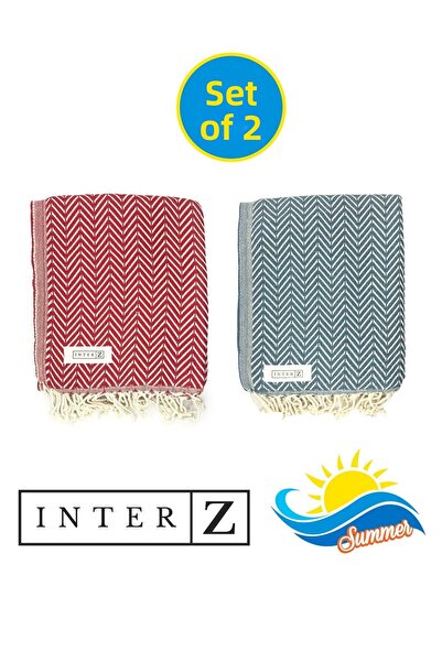 INTER Z Set of 2 Peshtemal Beach Towels, 100% Cotton, Xxl 100x180cm, Marmaris, Red-Aegean Blue