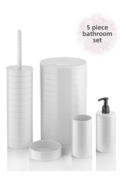 Bayev Moblen White Round Bathroom Set Set of 5 Trash Can Toothbrush Holder Liquid Soap Dispenser