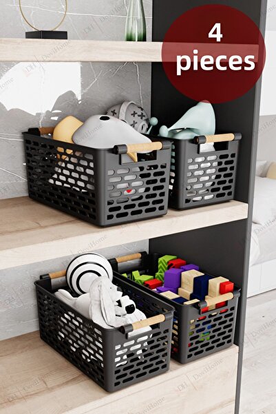 DOVİHOME 4 سلال سوداء |   مجموعة منظم سلة متعددة الأغراض بمقبض خشبي