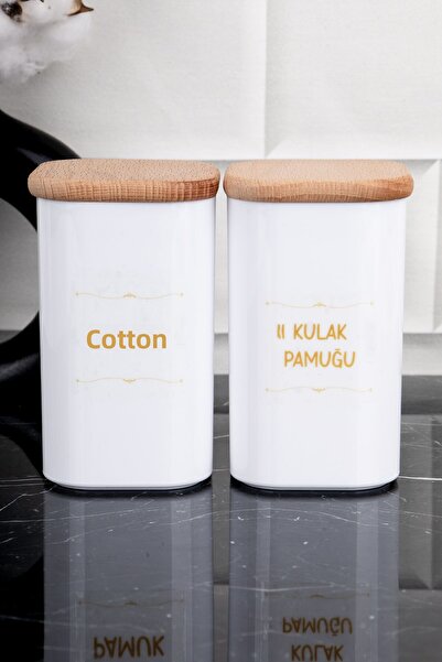 DNS HOME Set de 2 bumbac alb pentru urechi - Set de baie cu capac din lemn