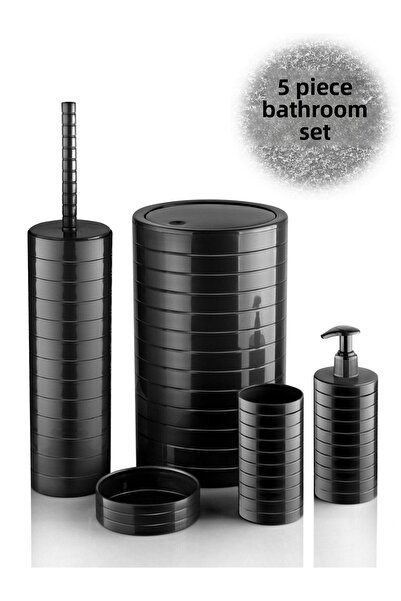 Bayev Moblen Black Round Bathroom Set Set of 5 Trash Can Toothbrush Holder Liquid Soap Dispenser