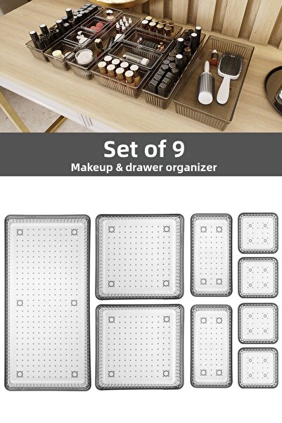 Meleni Home منظم أدراج ملون أنثراسايت مكون من 9 قطع - منظم مجوهرات ومكياج لمستحضرات التجميل في الخزانة