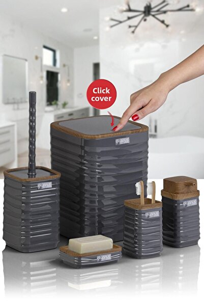 Okyanus Home Luna Anthracite Wood Patterned Square 5-Piece Bathroom Set