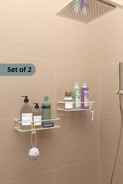 moniev Adhesive 2-Piece Bathroom Shelf Wall Mounted Kitchen Shelf Stainless Hook Shower Shampoo Organizer