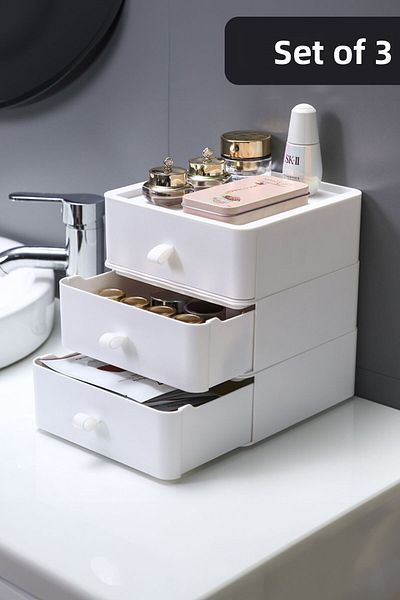 teknotrust Esta 3-Drawer White Makeup Organizer - 3-Tier, Multi-Purpose