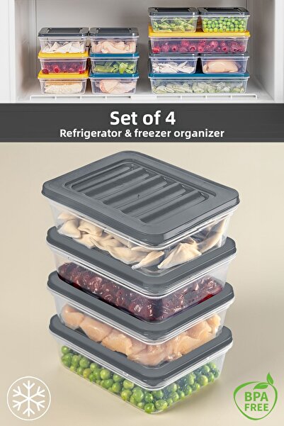 Meleni Home Organizator pentru frigider, 4 bucăți, cuptor cu microunde și recipient de depozitare convenabil pentru congelare, antracit 4 x 600 ml