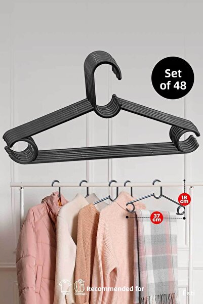 ESTİ 48 قطعة - شماعة ملابس ووشاح وبنطلون فستان بلاستيكي أسود