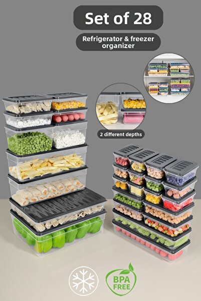 Meleni Home Set de 28 organizatoare de frigider antracit - Recipient pentru congelator pentru cuptor cu microunde adânc și superficial