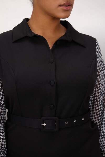 Trendyol Curve Černé šaty velké velikosti s houndstooth vzorem a páskovými rukávy TBBAW26AH00031