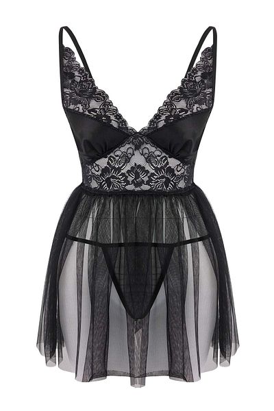 Trendyol Collection Negru fără capac din tul din dantelă/cu bretele din plasă Babydoll/cămașă de noapte fantezie THMAW26CY00001