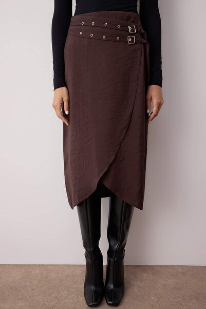Trendyol Collection Dark Brown Belted Double Breasted Midi Woven Viscose Skirt Twoaw26Et00032