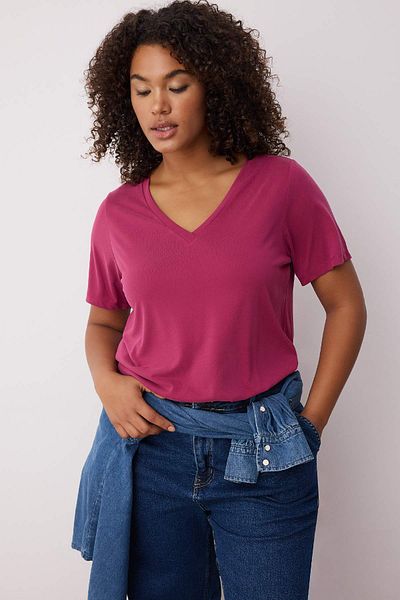 Trendyol Curve Dusty Rose V-Neck Modal Flowy T-Shirt Plus Size Tbbss25Bf00053