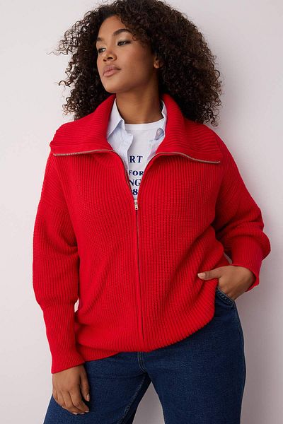 Trendyol Curve Cardigan roșu cu guler răsturnat cu fermoar TBBAW25AV00009