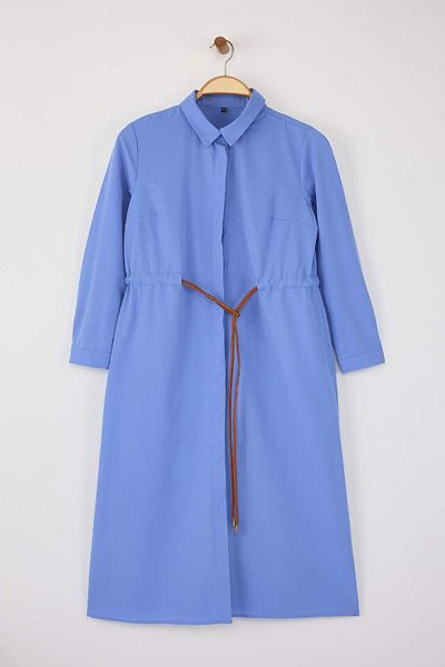 Trendyol Modest Blue Unlined Plain Woven Terrycotton Hijab Dress Tctaw26Eb00016