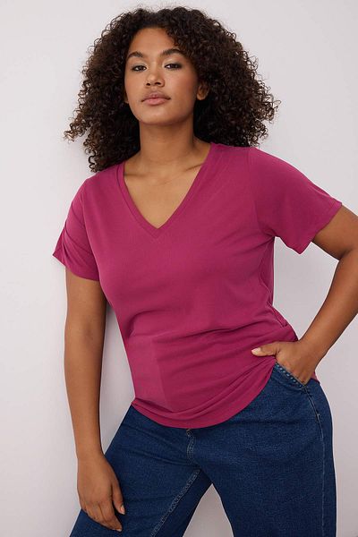 Trendyol Curve Dusty Rose V-Neck Modal Flowy T-Shirt Plus Size Tbbss25Bf00053