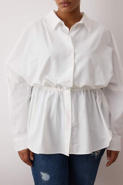 Trendyol Curve Ecru Shirred Long Sleeve Woven Plus Size Shirt Tbbaw26Ax00000