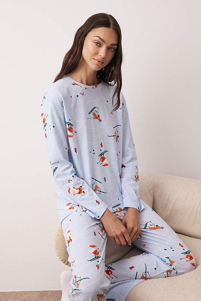 Trendyol Collection Син комплект плетена пижама с шарки за Нова година THMAW26PT00055