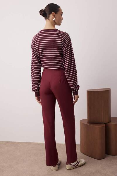 Trendyol Collection Burgundy Straight Cut High Waist Ribbed Stitched Woven Trousers TWOSS21PL0093