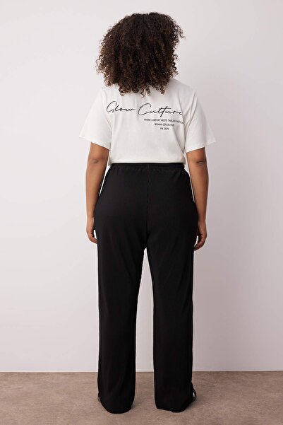 Trendyol Curve Black Elastic Waist Pleated Knitted Large Size Pants Tbbaw26Ar00007