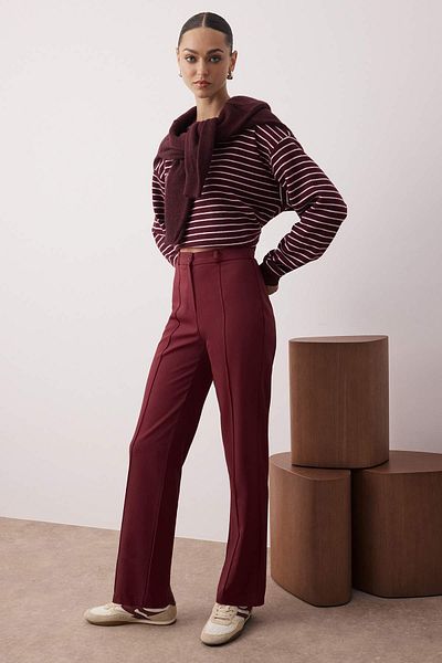Trendyol Collection Burgundy Straight Cut High Waist Ribbed Stitched Woven Trousers TWOSS21PL0093