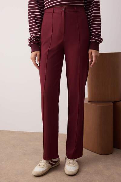 Trendyol Collection Burgundy Straight Cut High Waist Ribbed Stitched Woven Trousers TWOSS21PL0093